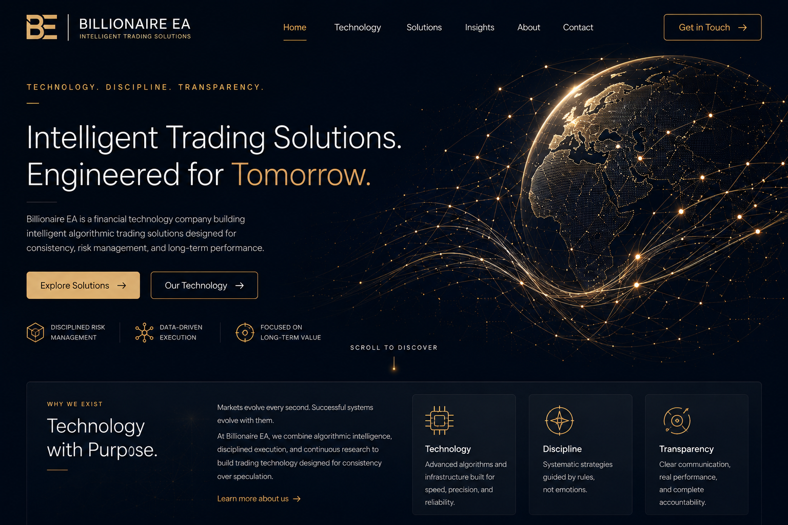 Billionaire EA homepage with a luminous global data network